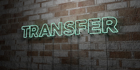 TRANSFER - Glowing Neon Sign on stonework wall - 3D rendered royalty free stock illustration.  Can be used for online banner ads and direct mailers..