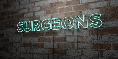 SURGEONS - Glowing Neon Sign on stonework wall - 3D rendered royalty free stock illustration.  Can be used for online banner ads and direct mailers..
