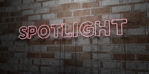 Poster SPOTLIGHT - Glowing Neon Sign on stonework wall - 3D rendered royalty free stock illustration.  Can be used for online banner ads and direct mailers.. © Chris Titze Imaging