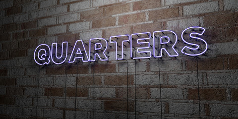 QUARTERS - Glowing Neon Sign on stonework wall - 3D rendered royalty free stock illustration.  Can be used for online banner ads and direct mailers..