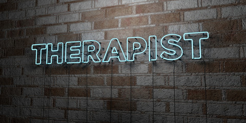 THERAPIST - Glowing Neon Sign on stonework wall - 3D rendered royalty free stock illustration.  Can be used for online banner ads and direct mailers..