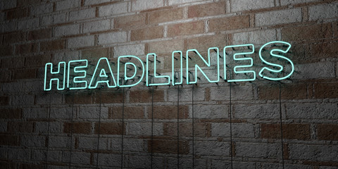 HEADLINES - Glowing Neon Sign on stonework wall - 3D rendered royalty free stock illustration.  Can be used for online banner ads and direct mailers.. - obrazy, fototapety, plakaty