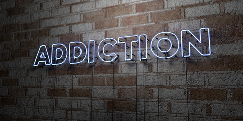 ADDICTION - Glowing Neon Sign on stonework wall - 3D rendered royalty free stock illustration.  Can be used for online banner ads and direct mailers..