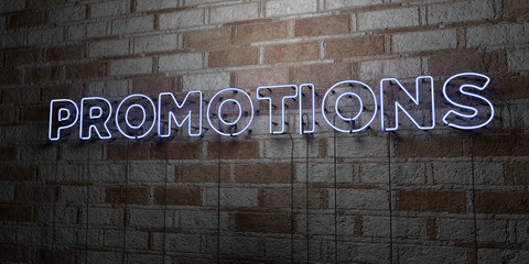 PROMOTIONS - Glowing Neon Sign on stonework wall - 3D rendered royalty free stock illustration.  Can be used for online banner ads and direct mailers..