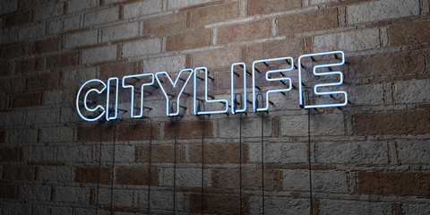 Fototapeta na wymiar CITYLIFE - Glowing Neon Sign on stonework wall - 3D rendered royalty free stock illustration. Can be used for online banner ads and direct mailers..