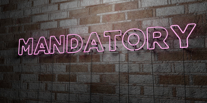 MANDATORY - Glowing Neon Sign on stonework wall - 3D rendered royalty free stock illustration.  Can be used for online banner ads and direct mailers..