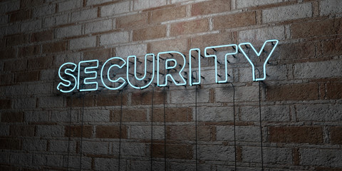 SECURITY - Glowing Neon Sign on stonework wall - 3D rendered royalty free stock illustration.  Can be used for online banner ads and direct mailers..