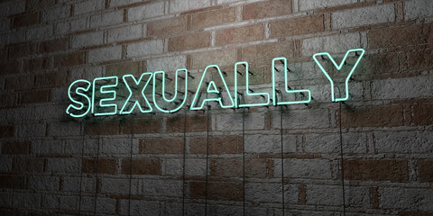 SEXUALLY - Glowing Neon Sign on stonework wall - 3D rendered royalty free stock illustration.  Can be used for online banner ads and direct mailers..
