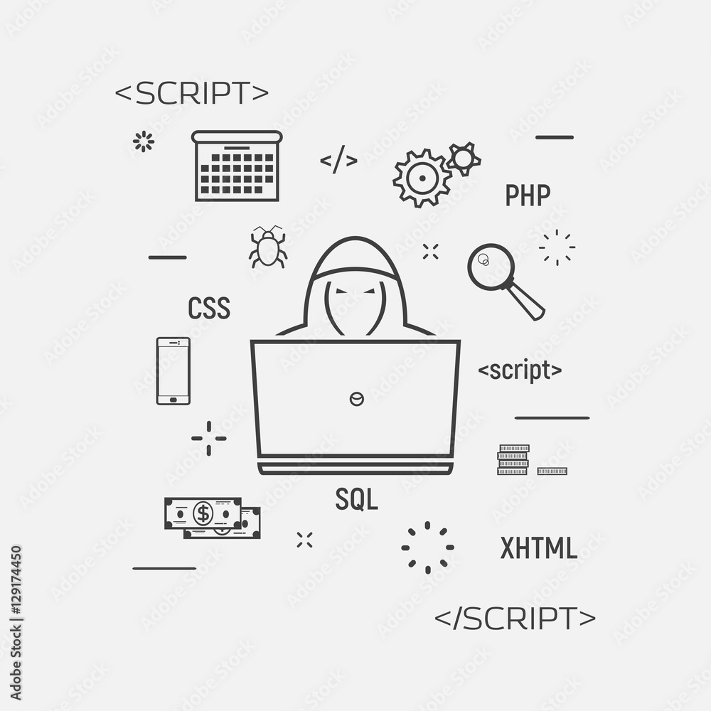 Poster hacker programming line icon