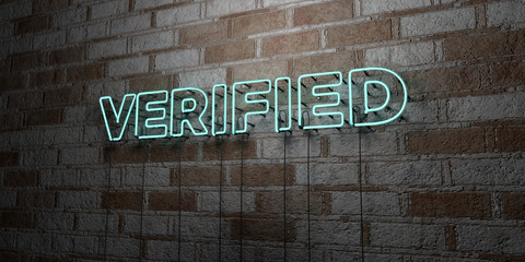 Fototapeta na wymiar VERIFIED - Glowing Neon Sign on stonework wall - 3D rendered royalty free stock illustration. Can be used for online banner ads and direct mailers..