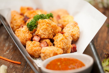 Fried Tofu with bacon,selective focus