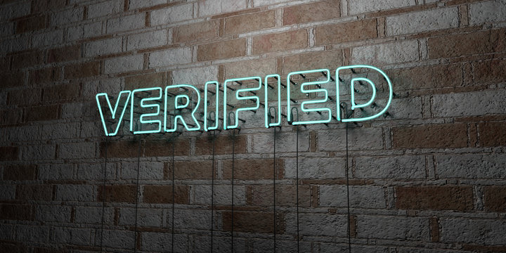 VERIFIED - Glowing Neon Sign On Stonework Wall - 3D Rendered Royalty Free Stock Illustration.  Can Be Used For Online Banner Ads And Direct Mailers..