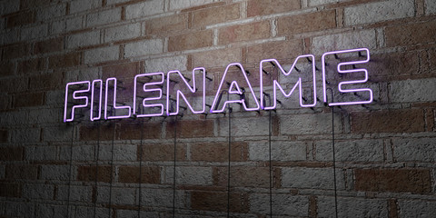FILENAME - Glowing Neon Sign on stonework wall - 3D rendered royalty free stock illustration.  Can be used for online banner ads and direct mailers..