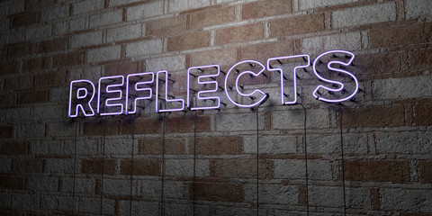 REFLECTS - Glowing Neon Sign on stonework wall - 3D rendered royalty free stock illustration.  Can be used for online banner ads and direct mailers..