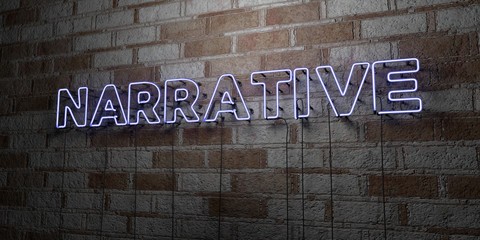 NARRATIVE - Glowing Neon Sign on stonework wall - 3D rendered royalty free stock illustration.  Can be used for online banner ads and direct mailers..