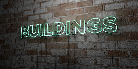 BUILDINGS - Glowing Neon Sign on stonework wall - 3D rendered royalty free stock illustration.  Can be used for online banner ads and direct mailers..