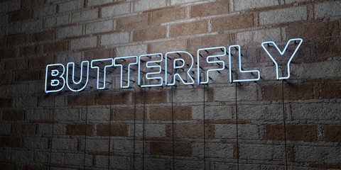BUTTERFLY - Glowing Neon Sign on stonework wall - 3D rendered royalty free stock illustration.  Can be used for online banner ads and direct mailers..
