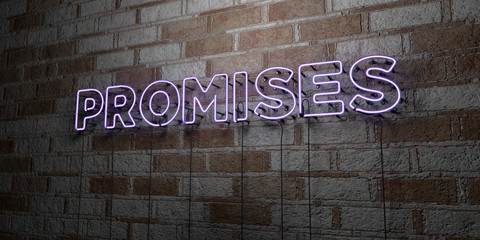 PROMISES - Glowing Neon Sign on stonework wall - 3D rendered royalty free stock illustration.  Can be used for online banner ads and direct mailers..