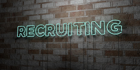 RECRUITING - Glowing Neon Sign on stonework wall - 3D rendered royalty free stock illustration.  Can be used for online banner ads and direct mailers..
