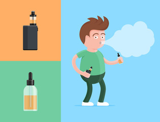 Happy young vaper man holding electronic cigarette and vaping e-liquid fluid
