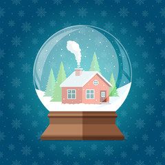 Magic Christmas snow globe vector illustration. Glass snowglobe gift 