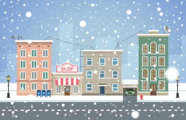 Winter cityscape. Snowfall in small town vector illustration.