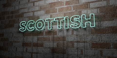 SCOTTISH - Glowing Neon Sign on stonework wall - 3D rendered royalty free stock illustration.  Can be used for online banner ads and direct mailers..