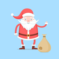 Funny cartoon Santa Claus in red coat and hat character with a bag with gifts