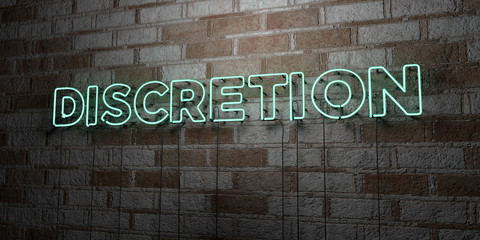 DISCRETION - Glowing Neon Sign on stonework wall - 3D rendered royalty free stock illustration.  Can be used for online banner ads and direct mailers..