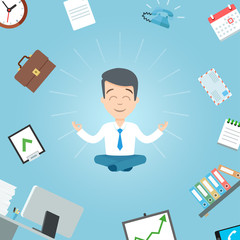 Happy businessman meditating in the office. Business yoga office meditation