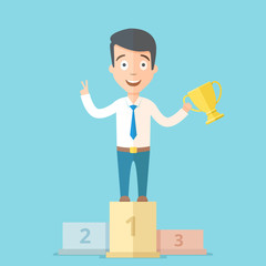 Happy young businessman holding a golden cup in his hand on the first place 