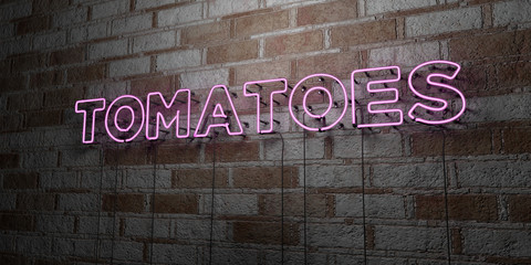 TOMATOES - Glowing Neon Sign on stonework wall - 3D rendered royalty free stock illustration.  Can be used for online banner ads and direct mailers..