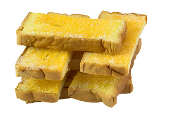 Crispy sliced bread with butter and sugar, isolated on white background and clipping path
