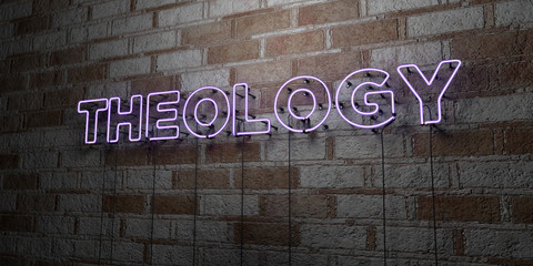THEOLOGY - Glowing Neon Sign on stonework wall - 3D rendered royalty free stock illustration.  Can be used for online banner ads and direct mailers..