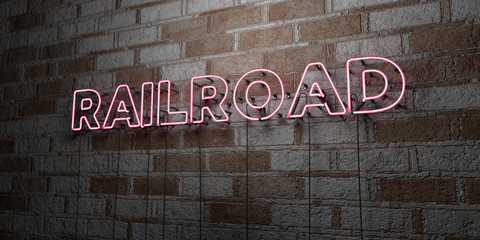 RAILROAD - Glowing Neon Sign on stonework wall - 3D rendered royalty free stock illustration.  Can be used for online banner ads and direct mailers..