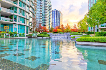 Cascade of the silky water in Downtown of Vancouver, Canada.