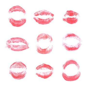 Set of red lip prints on isolated white background