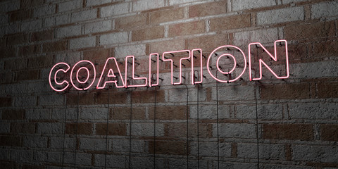 COALITION - Glowing Neon Sign on stonework wall - 3D rendered royalty free stock illustration.  Can be used for online banner ads and direct mailers..