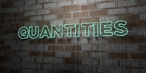QUANTITIES - Glowing Neon Sign on stonework wall - 3D rendered royalty free stock illustration.  Can be used for online banner ads and direct mailers..