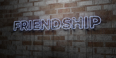 FRIENDSHIP - Glowing Neon Sign on stonework wall - 3D rendered royalty free stock illustration.  Can be used for online banner ads and direct mailers..