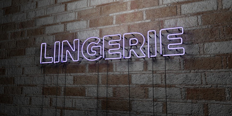 LINGERIE - Glowing Neon Sign on stonework wall - 3D rendered royalty free stock illustration.  Can be used for online banner ads and direct mailers..