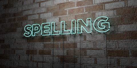 SPELLING - Glowing Neon Sign on stonework wall - 3D rendered royalty free stock illustration.  Can be used for online banner ads and direct mailers..