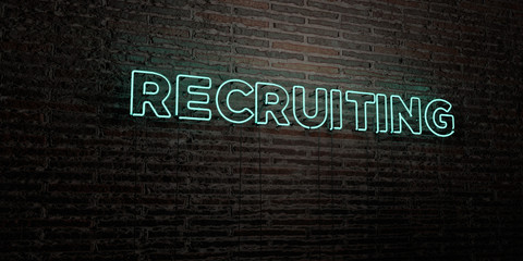 RECRUITING -Realistic Neon Sign on Brick Wall background - 3D rendered royalty free stock image. Can be used for online banner ads and direct mailers..