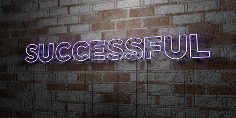 SUCCESSFUL - Glowing Neon Sign on stonework wall - 3D rendered royalty free stock illustration.  Can be used for online banner ads and direct mailers..