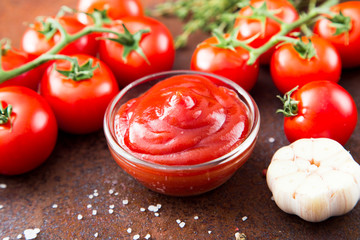 Tomato ketchup sauce with garlic, spices and herbs with cherry t