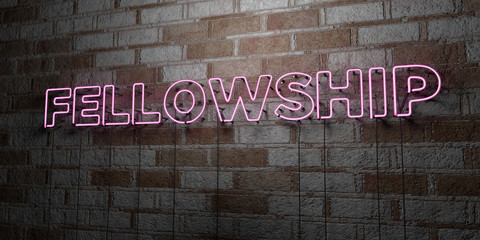 FELLOWSHIP - Glowing Neon Sign on stonework wall - 3D rendered royalty free stock illustration.  Can be used for online banner ads and direct mailers..