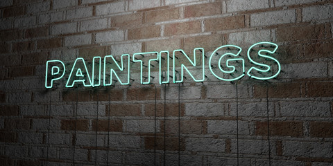 PAINTINGS - Glowing Neon Sign on stonework wall - 3D rendered royalty free stock illustration.  Can be used for online banner ads and direct mailers..