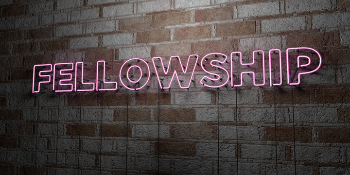 FELLOWSHIP - Glowing Neon Sign On Stonework Wall - 3D Rendered Royalty Free Stock Illustration.  Can Be Used For Online Banner Ads And Direct Mailers..