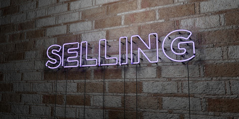 SELLING - Glowing Neon Sign on stonework wall - 3D rendered royalty free stock illustration.  Can be used for online banner ads and direct mailers..