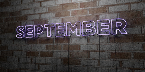 SEPTEMBER - Glowing Neon Sign on stonework wall - 3D rendered royalty free stock illustration.  Can be used for online banner ads and direct mailers..